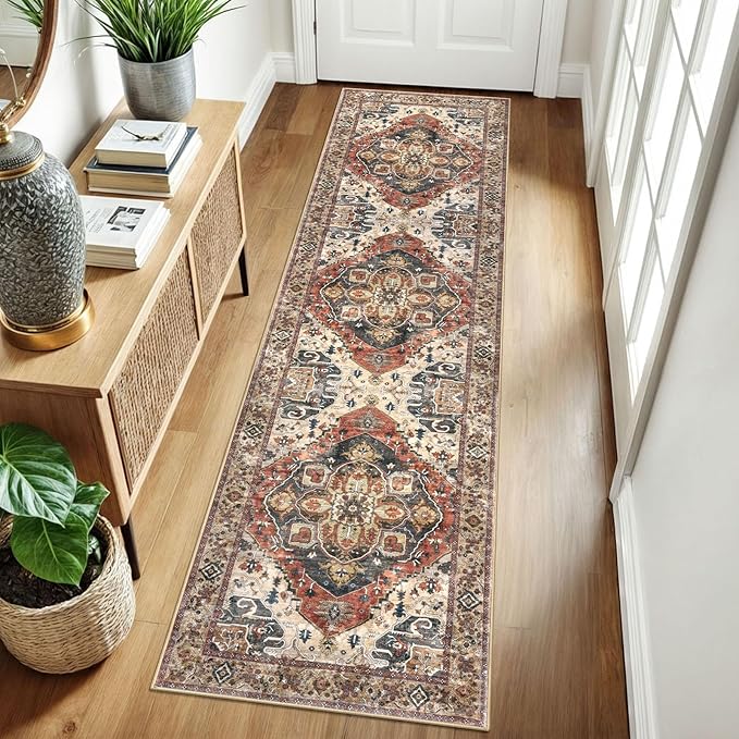 2x8 Washable Runner Rug for Hallways, Terracotta Soft Classic Kitchen Rugs with Non-Slip, Non-Shedding Boho Rug for Hallways Entryway Bedroom Bathroom Laundry Indoor