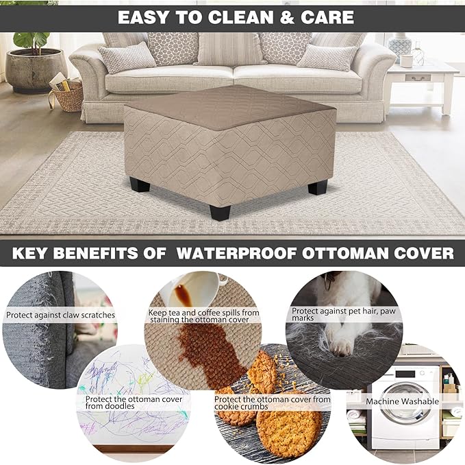 Ottoman Cover Square,Waterproof Square Ottoman Covers Thick Slipcover for Living Room,Washable Storage Footstool Furniture Protector for Dogs,Pets,Light Brown,Medium
