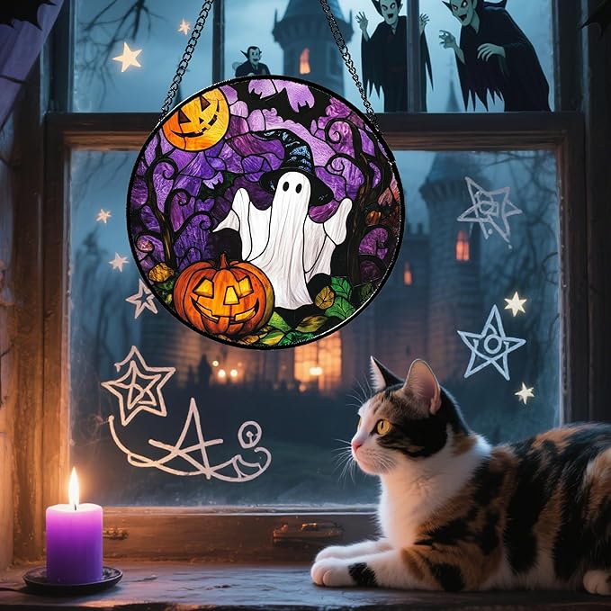 Stained Glass Window Hanging Halloween White Ghost Black Bat 7.8" - Suncatcher Door Garden Sunroom Horror Pumpkin Sun Catcher Birthday for Friend Mom Men Woman Nana