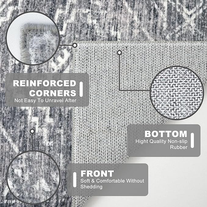 KILOCOCO Hallway Runner Rug 2'x8' Runners for Hallways Washable Runner Rug Non Slip Rubber Backed Low-Pile Runners for Bedroom Kitchen Living Room Laundry Room Boho Rugs, Grey