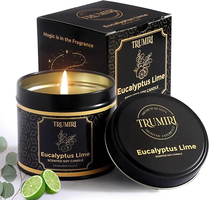 Eucalyptus Candle with Lime Strong Scented Soy Candel Clean Non Toxic Velas Aromáticas for Home Pack of 1 Gift for Fall Christmas Holidays