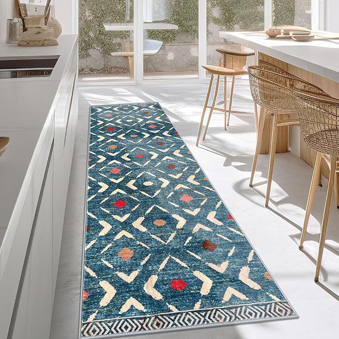 KILOCOCO Hallway Runner Rug 2.6'x8' Runners for Hallways Washable Runner Soft Non Slip Printed Geometric Low-Pile Rugs Runners for Bedroom Kitchen Living Room Boho Rugs, Teal/Blue