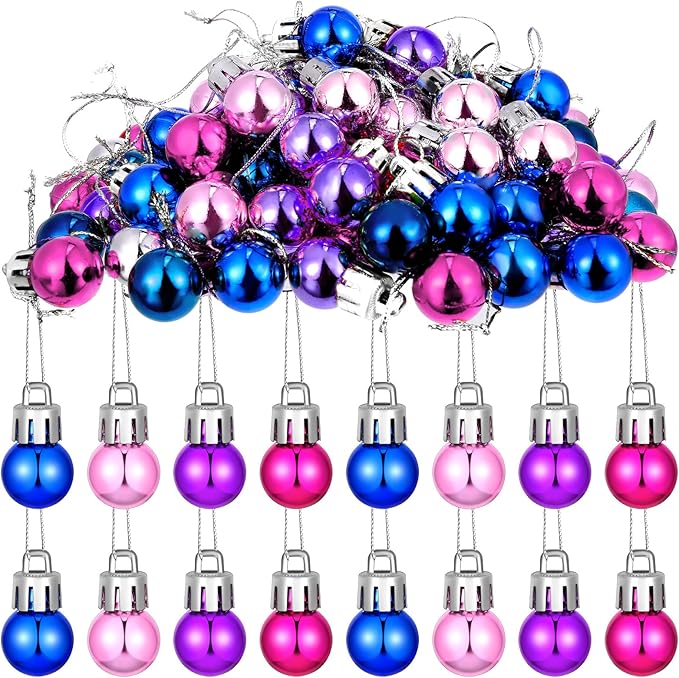 Boao 96 Pcs Christmas Mini Balls Ornaments Miniature Xmas Tree Ornaments Multicolour Shiny Small Hanging Decorations for Christmas Holiday Party Decor(0.79 Inch,Pink, Purple, Blue, Rose Balls)