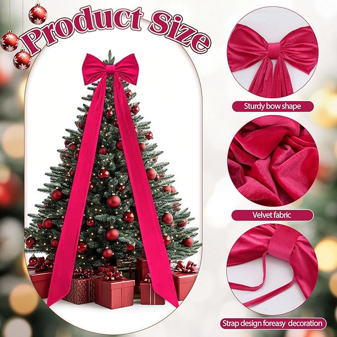 Christmas Tree Topper Bow 90x18 Inch Giant Large Velvet Bow with Long Streamers Huge Decorative Wrapping Gift Decor for Xmas Tree Front Door Patio Outdoor Wedding Arch(Hot Pink)