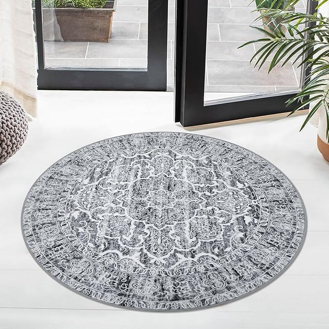KUTA Vintage Round Rug 3ft, Washable Boho Indoor Small Area Circle Rugs, Grey Blue White Non-Slip Printed Medallion Carpet for Entryway Kitchen Dining Room Table Living Room