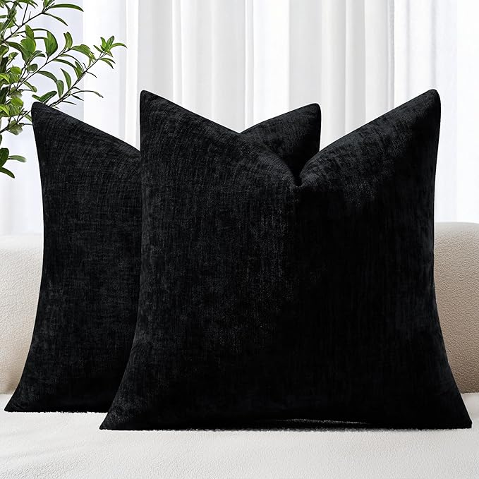 decorUhome Chenille Black Christmas Throw Pillow Covers 26x26 Inch Set of 2, Decorative Soft Couch Pillow Covers Solid Dyed Accent Farmhouse Neutral Square Pillow Cases for Sofa