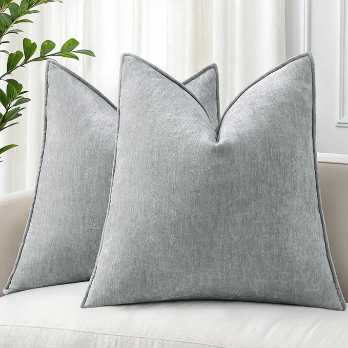 decorUhome Christmas Couch Throw Pillow Covers 16x16 Set of 2, Decorative Soft Euro Velvet Neutral Chenille Pillow Covers with Elegant Design for Sofa Bed Living Room Home Decor, Ultimate Gray