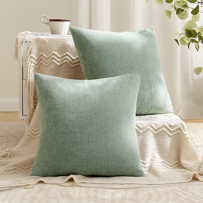 MIULEE Greyish Green Couch Pillow Covers 18x18 Inch, Set of 2 Soft Chenille Decorative Square Throw Pillow Covers Summer Farmhouse for Sofa Living Room Bed