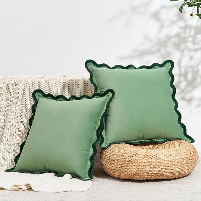 MONDAY MOOSE Decorative Throw Pillow Covers Cushion Cases, Set of 2 Soft Velvet Scalloped Wavy Edge Designs, Mix and Match for Home Decor, Pillow Inserts Not Included (16x16 inch, Green/Light Green)