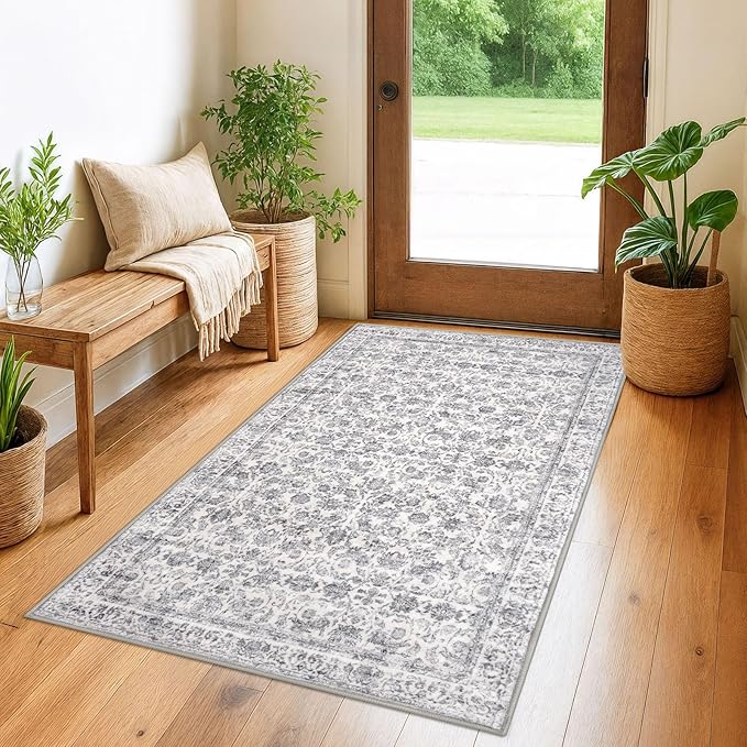 3x5 Washable Area Rug for Entryway, Grey Soft Distressed Floral Rug with Non-Slip, Low-Pile Vintage Neutral Area Rugs for Entryway Nursery Bedroom Dining, Dorm Carpet with Non-Shedding