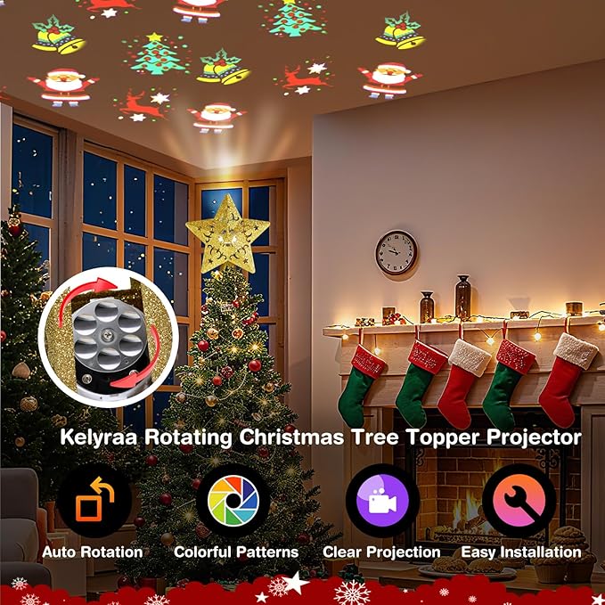 Christmas Tree Topper, Rotating 3D Hollow Sparkling Star Christmas Decorations for Tree Topper, Christmas Tree Star for Xmas Party Holiday Decorations(Gold)