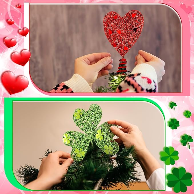 2pcs Valentine Day St Patrick's Day Mini Tree Topper Heart Shamrock Tree Topper Red Green Iron Metal Glitter Holidays Ornament for Irish Festival Party Decorations (2,Classic)