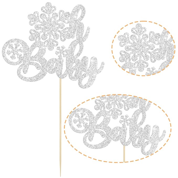 Gyufise 1 Pack Oh Baby Cake Topper Glitter Snowflake Baby Shower Cake Pick Decorations for Winter Theme Kids Birthday Party Supplies Silver