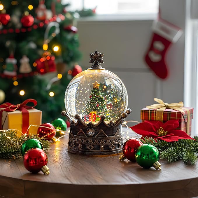 Christmas Snow Globe Lantern Water Glittering Christmas Tree Crown with Music, USB Lined/Battery Operated Lighted Lantern for Christmas Festival Decoration Gifts