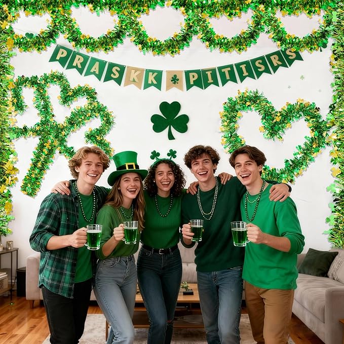 50FT St Patricks Day Garland Gold Green Shamrock Tinsel Garlands, Metallic Streamer Twist Irish Shamrock Garland Decorations for Tree Mantle, DIY Irish St Patricks Day Decorations
