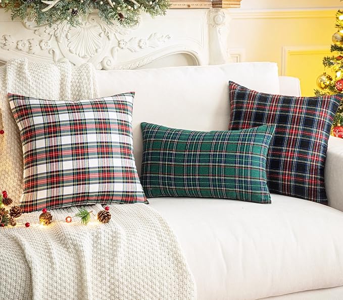 AQOTHES Pack of 2 Christmas Plaid Decorative Throw Pillow Covers Scottish Tartan Cushion Case for Farmhouse Home Holiday Decor Red and White, 20 x 20 Inches
