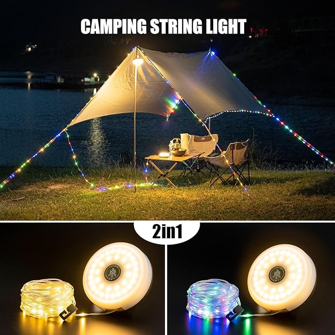 2-Pack Camping String Lights, 4 in 1 Outdoor Camping Lantern with 8 Lighting Modes(32.8Ft), Quick 30s Recovery, Waterproof, Type-C Fast Charging, Portable Lights for Camping/Yard/Hiking