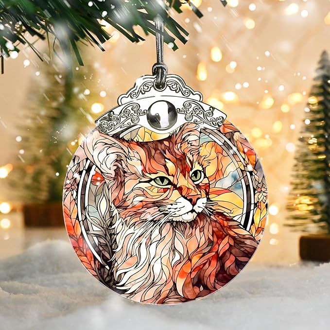 Stained Glass Christmas Ornament, Jocidea Cat Christmas Decorations, Christmas Tree Ornament, Cat Lovers Gifts, Holiday Decor and Xmas Gifts Ideas