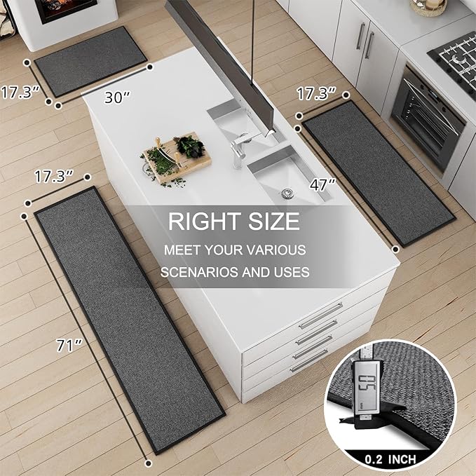 Kitchen Mat Set of 2 PCS, Cushioned Non Slip Rugs for Kitchen Floor, Absorbent Runner Comfort Standing Mats Washable for Kitchen, Office, Home (Black, 17.3"x30"+17.3"x71")