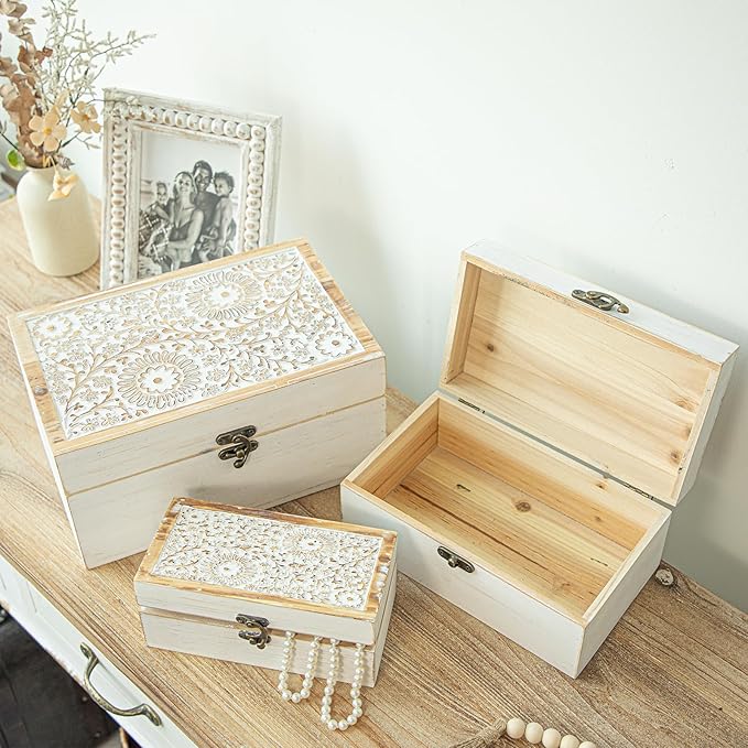 Set of 3 Decorative Wooden Boxes, Rustic Farmhouse Keepsake Box Decorative Boxes with Hinged Lid and Floral Carved Design, Wood Storage Box for Home Decor, White