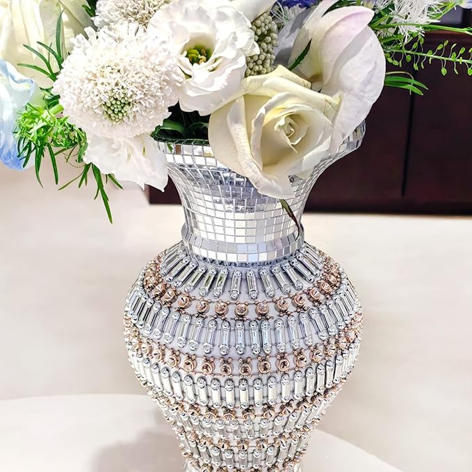 Large Ceramic vase, 30 cm, Inlaid with Rhinestones, Luxury, Vintage Silver vase for Home Decoration, Suitable for Living Room, Bedroom, Kitchen, Table Centerpiece.