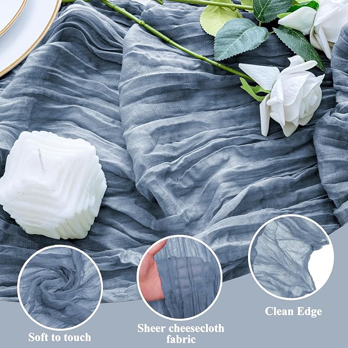 2PCS Table Runner Cheesecloth 10FT Dusty Blue Boho Gauze Cheese Cloth Rustic Sheer Table Runners for Wedding Bridal Baby Shower Party Decoration