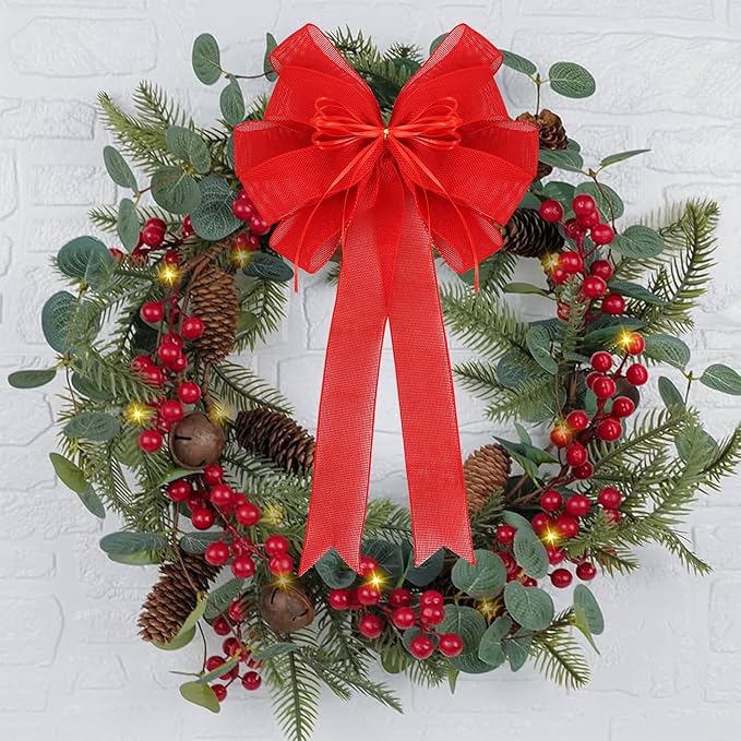 2 Pack Red Christmas Tree Bows 12x20inch Large Burlap Wreath Bow with Glitter String for Christmas Tree Topper,Home Front Door Decor, Easter Bow,Valentines and Party Decor