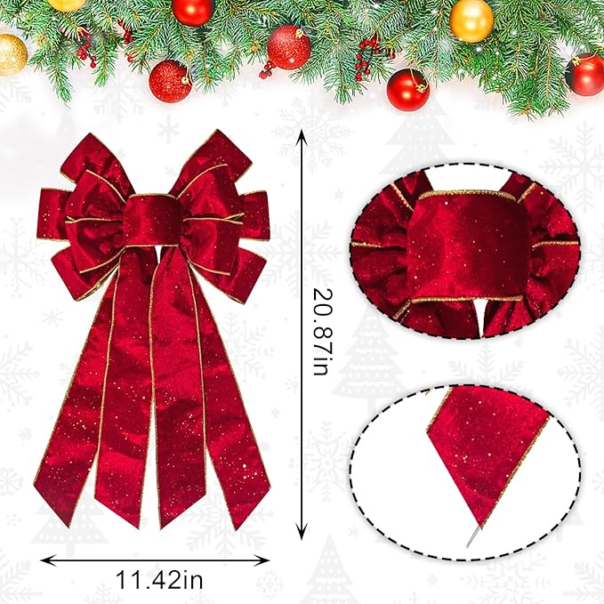 Hying Large Christmas Bows for Wreath, Glitter Red Velvet Wreath Bow Xmas Holiday Tree Topper Bows Ornaments for Front Door New Year Christmas Party Decoration Supplies
