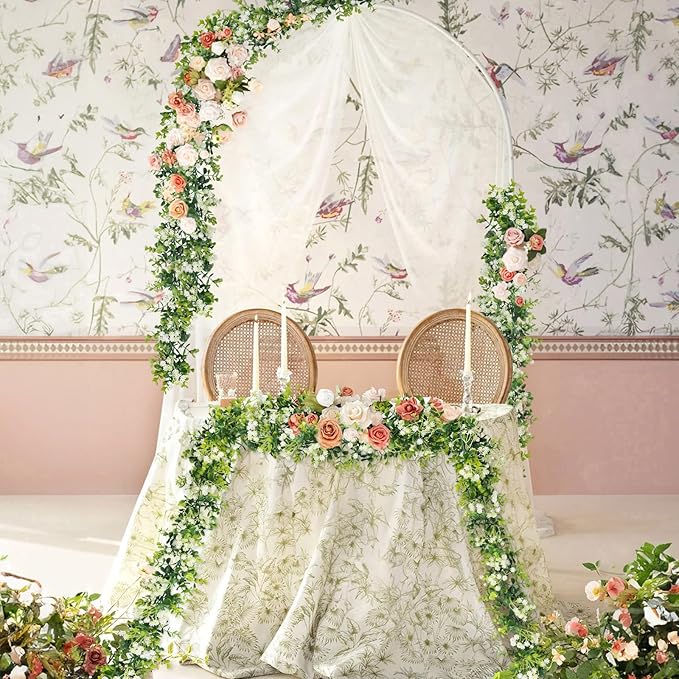 6FT Eucalyptus Garland with Flowers, 8 Pack Artificial Greenery Garland Hanging Faux Eucalyptus Garland Suitable for Table Wedding Backdrop Arch Wall Party UV Protected Indoor Outdoor Decor