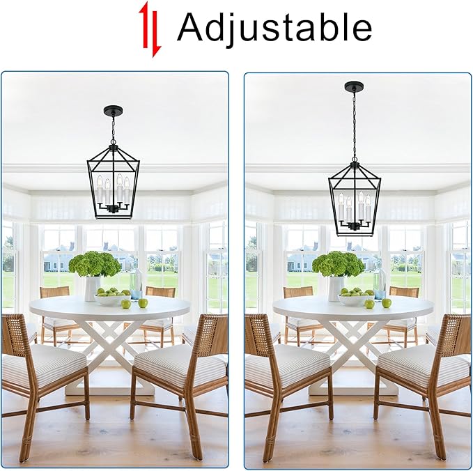 MELUCEE 12-inch Black Cage Chandelier 4-Light Farmhouse Lantern Pendant Light Openwork Cage Hanging Light Fixtures Ceiling with White Candle-Shaped Lamp Holder for Kitchen Island, Dining Room, Foyer