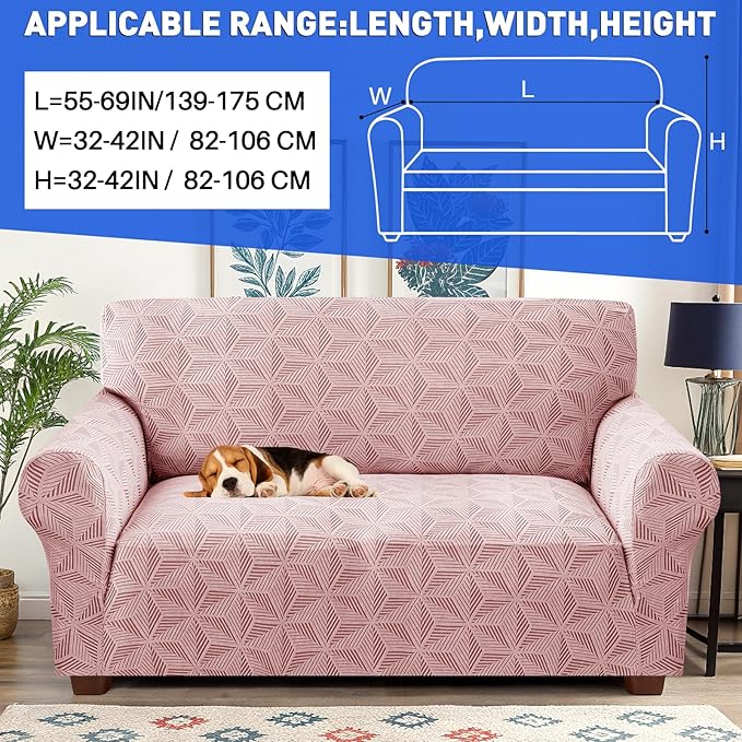 YEMYHOM 1 Piece Stretch Couch Covers for 2 Cushion Couch, Jacquard Loveseat Cover with Non-Slip Elastic Bottom, Thickened Slipcover Furniture Protector for Dogs Pets (Medium, Pink）