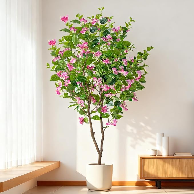 6FT Artificial Bougainvillea Tree Artificial Tree Tall Potted Fake Bougainvillea Trees for Outdoor Indoor Lifelike Potted Faux Plants with Wood Trunk and Flowers Office Wedding Home Decor