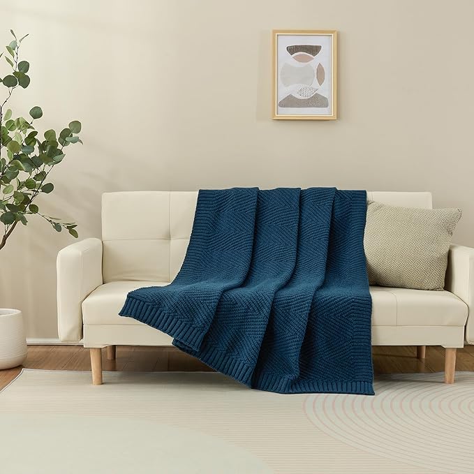 Knitted Throw Blanket 50"X60", Navy Blue Knit Throws for Bed, Super Soft Boho Chevron Blankets for Couch Sofa Chair Room Decor, Textured Decorative Farmhouse Cozy Lightweight