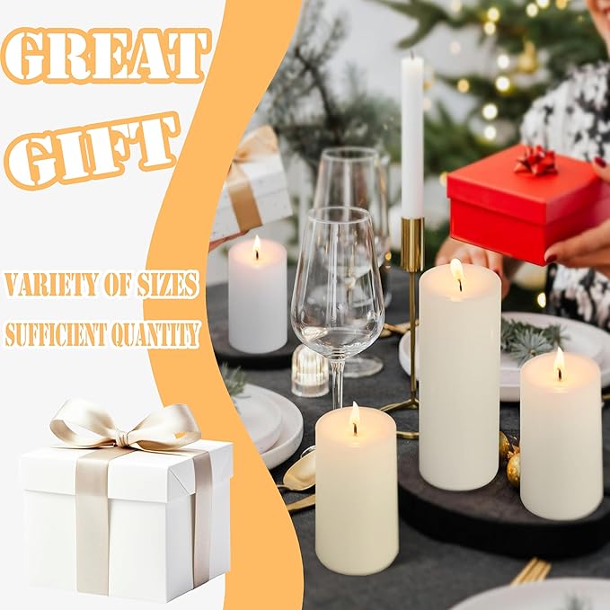 72 Pack Ivory Pillar Candles Bulk Set, 2x3 2x6 2x8 Inch - 24 Each Size, Dripless Smokeless Clean Burning for Wedding Centerpieces, Home Decor, Church, Romantic Ambiance！