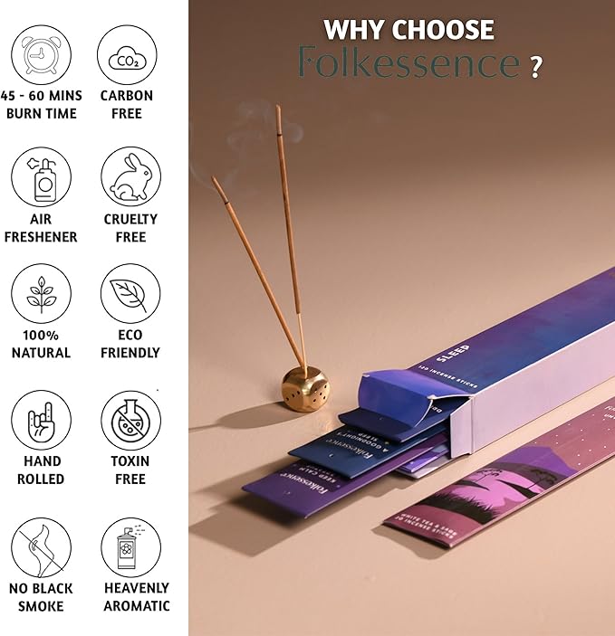 Folkulture Sleep Incense Sticks | Set of 6 (120-Sticks) | 45 Mins Burn Time | Relaxing Scents for Calm & Deep Sleep | Organic & Non Toxic Sleep Incense for Women