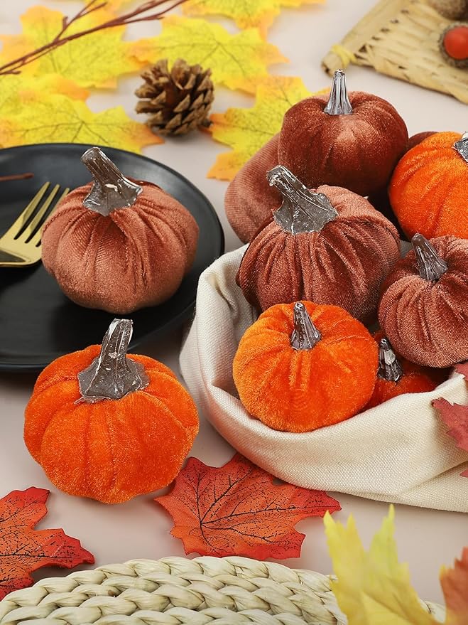 12pcs Fall Pumpkins Decor Set,Artificial Mini Pumpkins for Decorating, Velvet Mixed Color Fall Pumpkin Decorations for Thanksgiving Harvest Table Centerpieces Home Decor(Orange& Brown)