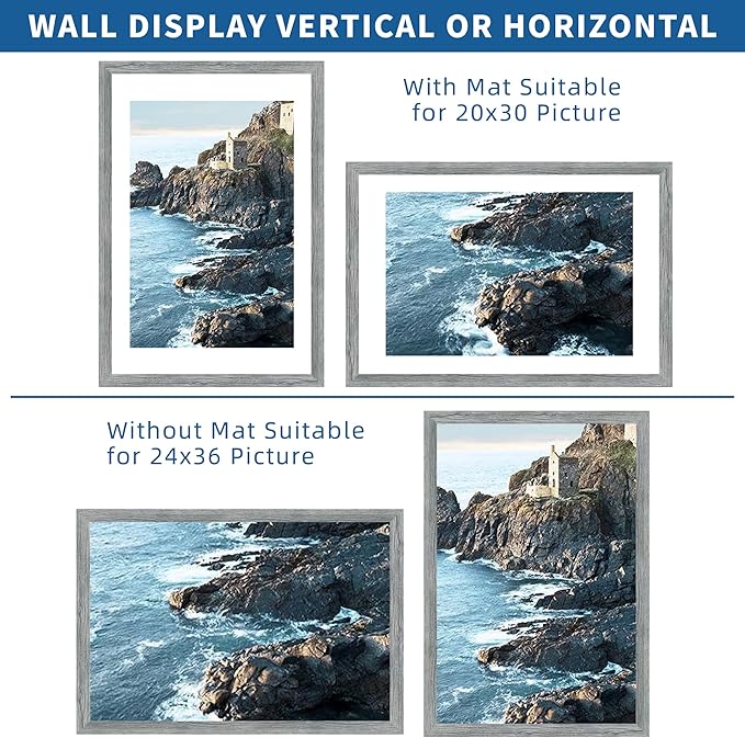 24x36 Poster Frame Set of 2, Rustic Grey Wood Style - Display 24 x 36 Poster without Mat or 20x30 Picture with Mat, Wall Mounting Horizontal and Vertical