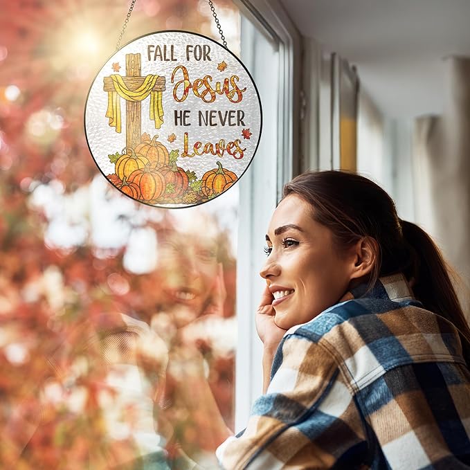 FLAGWIX Fall Decorations for Home - Stained Glass Window Hanging 8in - Christian Sun Catchers Indoor Window, Fall Gifts for Women Men, Thanksgiving Decorations Sun Catcher, Christian Gifts for Mom Dad