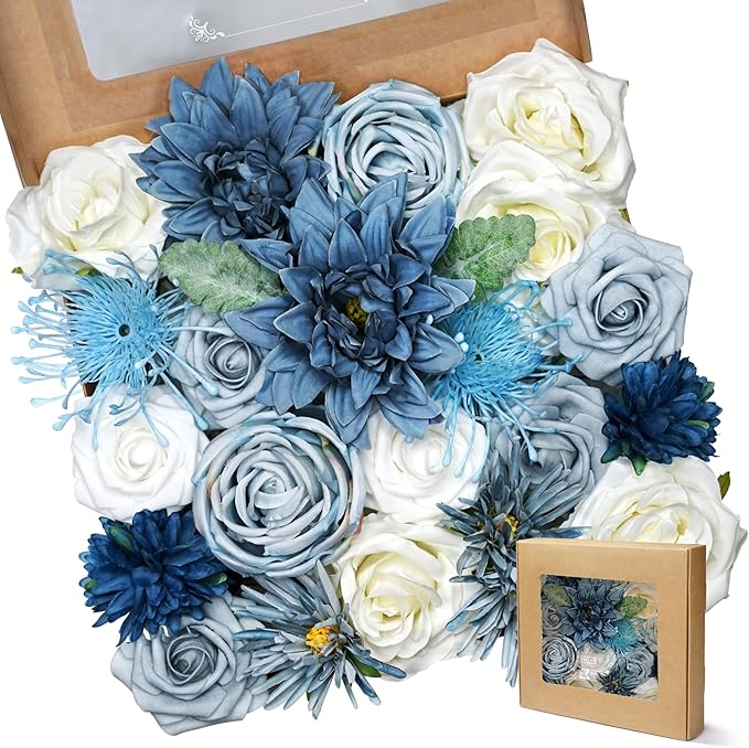 Artificial Flowers Combo Blue Flowers - Mix Silk Flowers Dahlia Roses with Stems ffor DIY Wedding Bouquets Bridal Shower Centerpieces Floral Arrangements Party Tables Home Decorations.