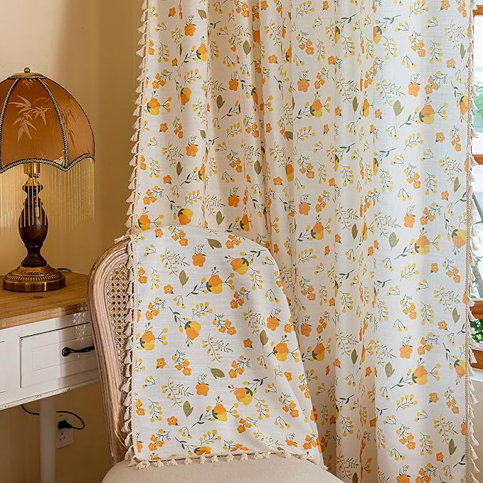 OYX Yellow Boho Pattern Floral Curtains 96 Inch Length 2 Panels for Living Room, Bedroom Light Filtering Drapes, Vintage Country French Tassels Patterned Rod Pocket Aesthetic Decor Window Treatments