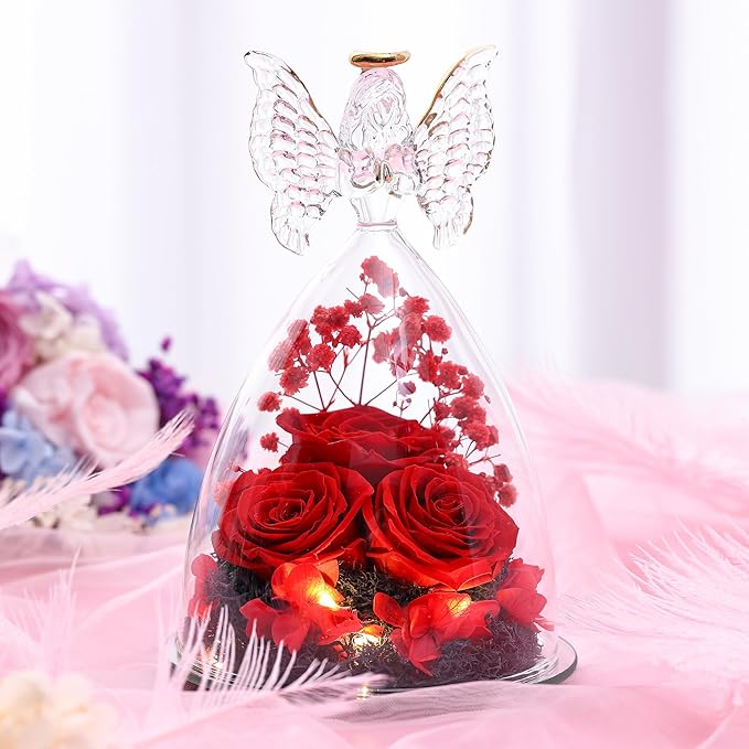 Christmas Rose Gifts for Women Preserved Real Flower in Glass Angel Figurines Roses for Delivery Prime Birthday Gifts for Mom Grandma Girlfriend Wife Her - Red