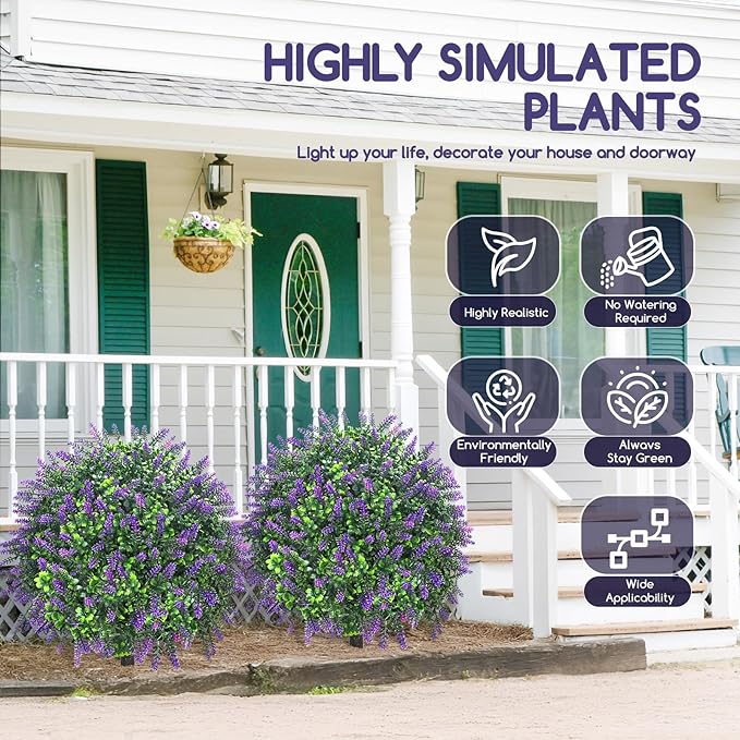 Artificial Lavender Topiary Ball Trees, 2 Set of 20’’ Artificial Shrub Bushes with Ground Spike,UV Resistant Faux Greenery Shrubs,Fake Evergreen Boxwood Plants for Garden, Yard, Porch, Patio Decor