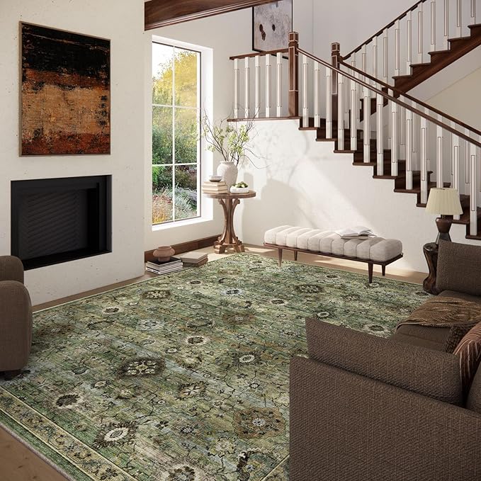 Washable Area Rugs for Living Room: 6x9 Rug Boho Vintage Rugs Stain Resistant Non Slip Low Pile Lightweight Soft Carpets for Bedroom Kitchen Dining Room Nursery Kids Room Farmhouse Home Office