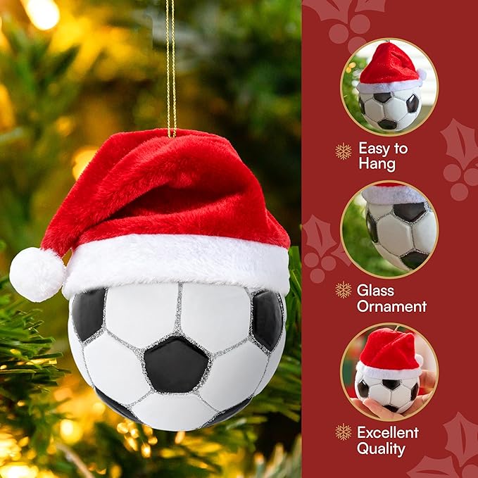 Joiedomi Christmas Soccer Glass Small Ornament, Sports Ball Ornaments Blown Mini Soccer Decor for Tree Hanging Preppy Decorations Outdoor Indoor, Xmas Gifts Party Favors