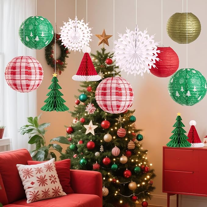 Christmas Hanging Decorations, 12 PCS Paper Lanterns, Honeycomb Christmas Trees, Hanging Paper Fans, Red Green Gold White Holiday Party Supplies for Home Xmas Holiday Party