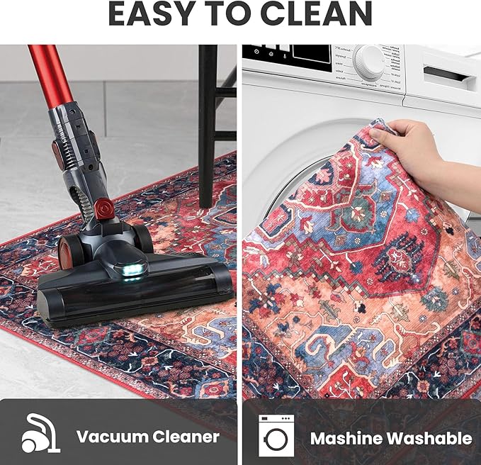 2x3 Vintage Washable Rug, Red Soft Area Rug for Entryway, Boho Non-Slip Indoor Door Mat, Low-Pile Kitchen Rugs, Floor Carpet for Entrance Kitchen Bedside Farmhouse