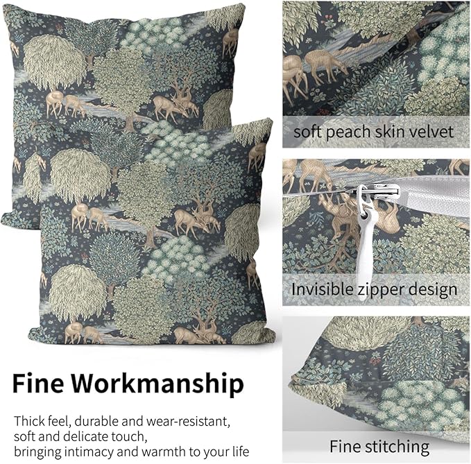 Forest Deer Pillow Protectors with Zipper Standard Size William Morris Pillow Covers Set of 2 Rustic Nature Botanical Pillow Cases Vintage Green Tree Animal Bed Pillow Covers 20"x36"