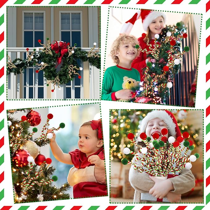 Norme 12 Pcs 13.8 Inch Christmas Tree Picks Christmas Tree Topper Decoration Red Green and White Artificial Curly Stem with Ball Pompom Ornament for Xmas Vase Filler Wreath Craft Supplies