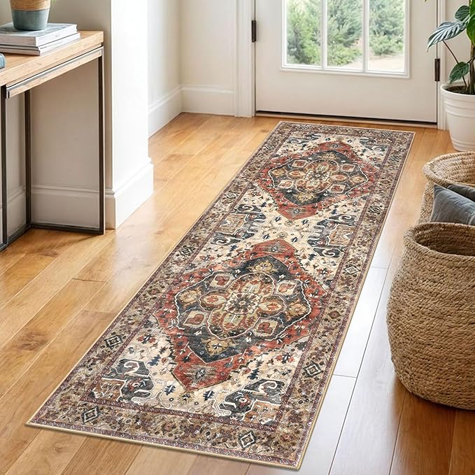 2x6 Washable Runner Rug for Hallways, Terracotta Soft Floor Vintage Kitchen Rugs with Non-Slip, Non-Shedding Boho Rug for Bedroom Kitchen Porch Laundry Entryway