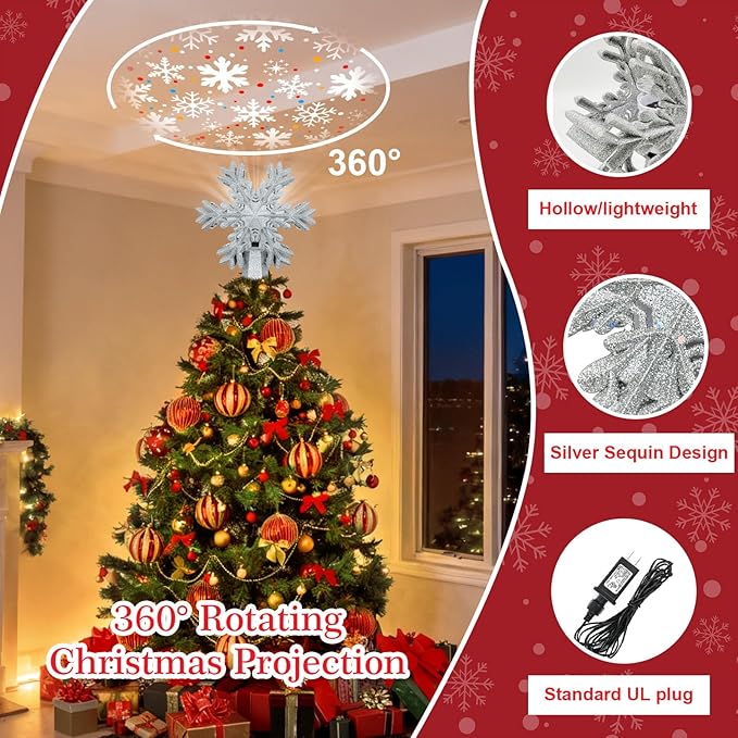 Christmas Tree Topper Lighted with LED Rotating Silver Snowflake Projector, 3D Hollow Glitter Lighted Silver Snow Christmas Star Tree Topper with Plug for Indoor Outdoor Christmas Tree Decorations
